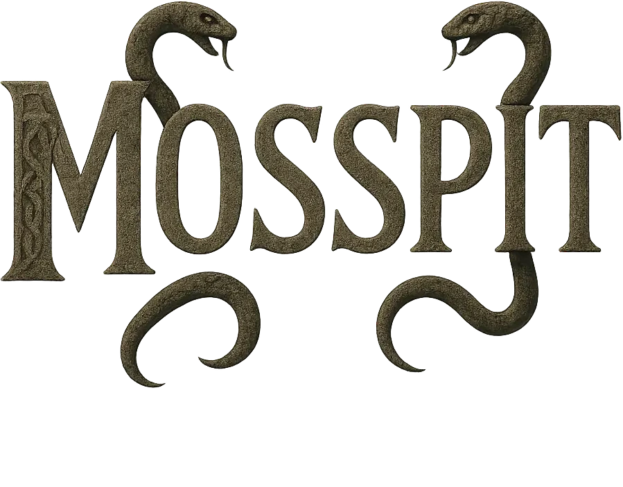 Mosspit logo — the band name in carved stone lettering with two entwined serpents