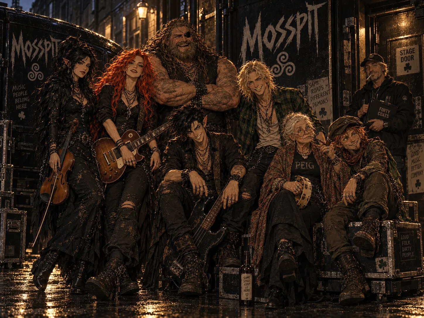 The full Mosspit line-up gathered at a rain-slick stage door with Forty Coats behind them