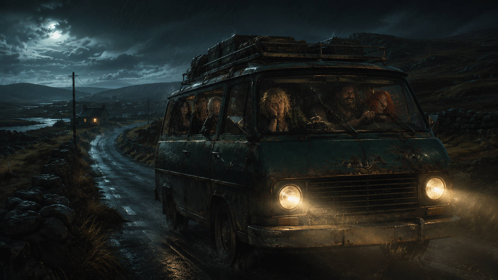 Mosspit's van travelling a winding coastal road beneath a full moon