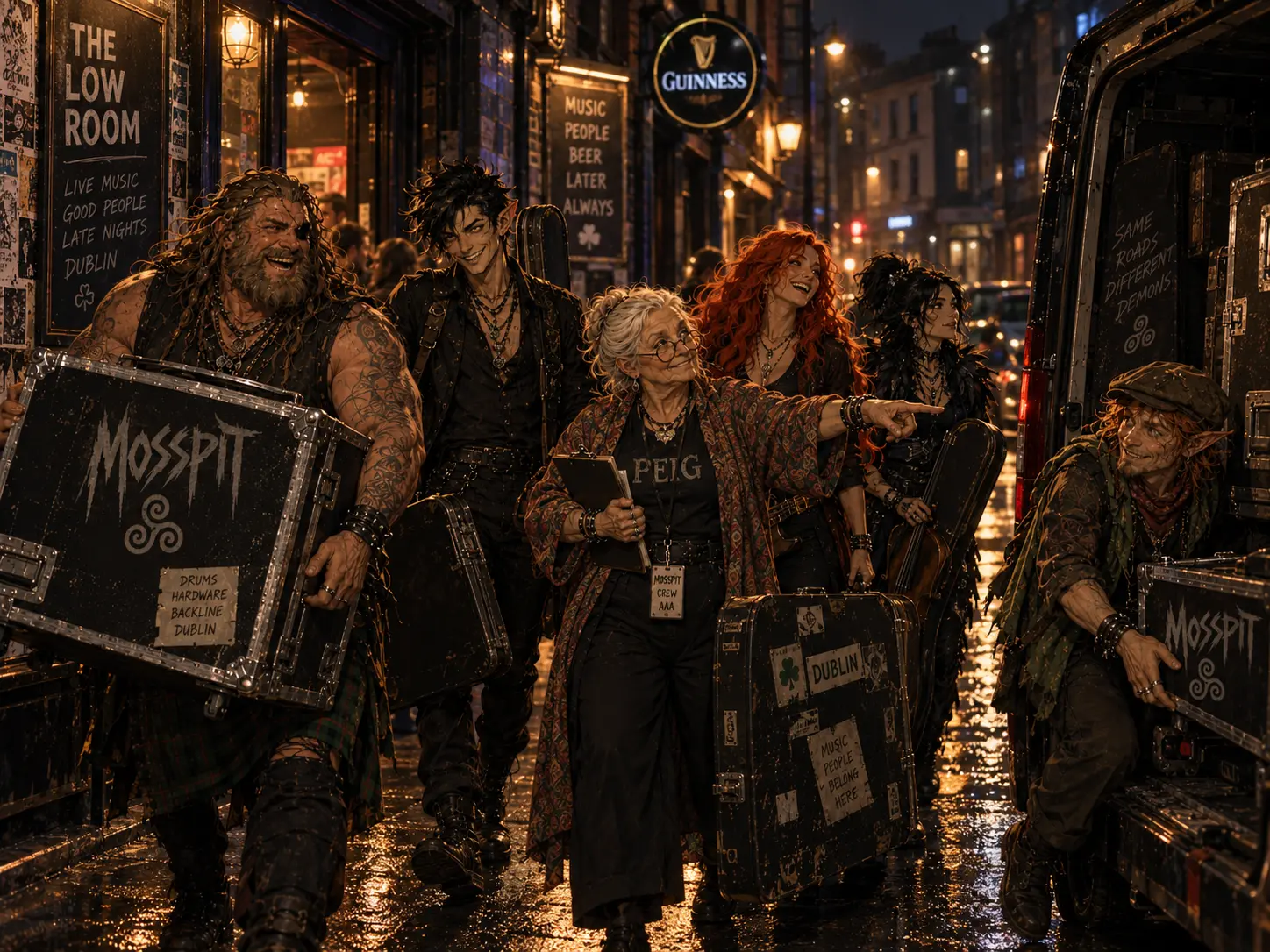 Mosspit loading gear out of a Dublin venue onto a wet street at night